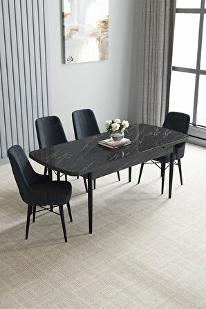 Arvela Siyah Mermer Desen MDF 80x132 Açılabilir Yemek Odası Takımı 4  Sandalye