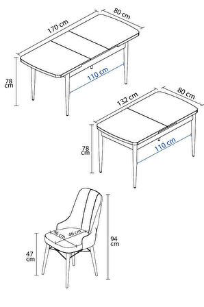 Arvela Siyah Mermer Desen MDF 80x132 Açılabilir Yemek Odası Takımı 4  Sandalye