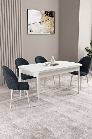 Milas Beyaz 80x132 Açılabilir Mdf Masa Yemek Odası Takımı, Mutfak Takımı 4 Adet Sandalye