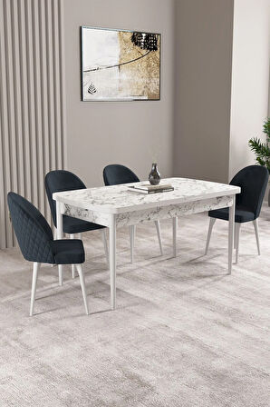 Milas Beyaz Mermer Desen 80x132 MDF Açılabilir Mutfak Masası Takımı 4  Sandalye