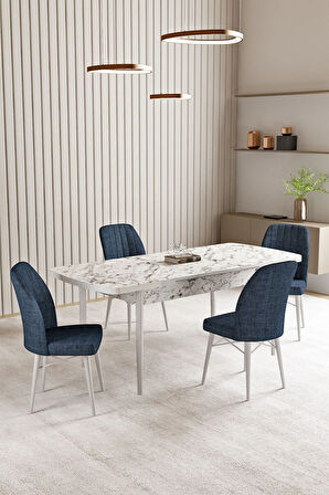 Vien Beyaz Mermer Desen 80 X 132 Açılabilir MDF Mutfak Masası 4  Sandalye