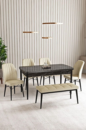 Lara Beyaz Mermer Desen 80 X 132 Açılabilir MDF Mutfak Masası 4  Sandalye