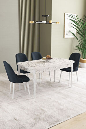 Ikon Beyaz Mermer 80x132 Açılabilir Mdf Masa Yemek Odası Takımı, Mutfak Takımı 4 Adet Sandalye
