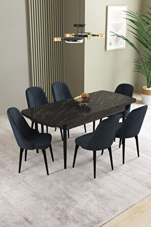 Ikon Siyah Mermer 80x132 Açılabilir Mdf Masa Yemek Odası Takımı, Mutfak Takımı 6 Adet Sandalye