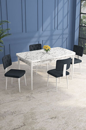Lars Beyaz Mermer 80x132 Açılabilir Mdf Masa Yemek Odası Takımı,Mutfak Takımı 4 Adet Sandalye