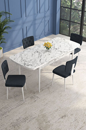 Lars Beyaz Mermer 80x132 Açılabilir Mdf Masa Yemek Odası Takımı,Mutfak Takımı 4 Adet Sandalye