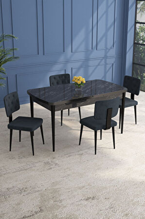 Lars Siyah Mermer 80x132 Açılabilir Mdf Masa Yemek Odası Takımı,Mutfak Takımı 4 Adet Sandalye