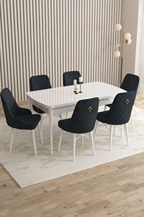 Mazaka Beyaz 80x132 Açılabilir Mdf Masa Yemek Odası Takımı, Mutfak Takımı 6 Adet Sandalye