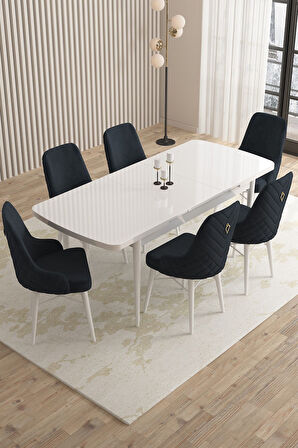 Mazaka Beyaz 80x132 Açılabilir Mdf Masa Yemek Odası Takımı, Mutfak Takımı 6 Adet Sandalye