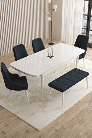 Mazaka Beyaz 80x132 Açılabilir Mdf Masa Yemek Odası Takımı, Mutfak Takımı 4 Sandalye 1 Bench