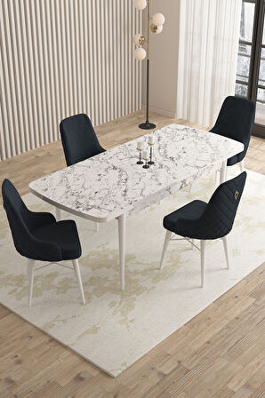​​​​​​Mazaka Beyaz Mermer 80x132Açılabilir Mdf Masa Yemek Odası Takımı,Mutfak Takımı 4 Adet Sandalye