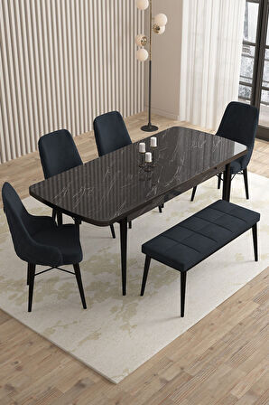 Mazaka Siyah Mermer 80x132 Açılabilir Mdf Masa Yemek Odası Takımı, Mutfak Takımı 4 Sandalye 1 Bench