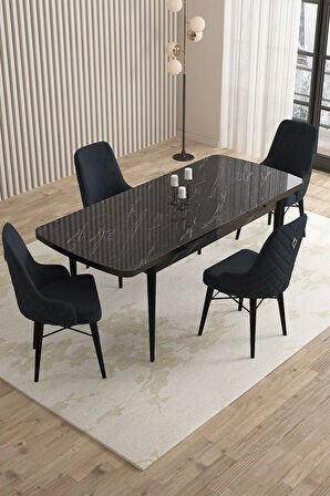 Mazaka Siyah Mermer 80x132 Açılabilir Mdf Masa Yemek Odası Takımı, Mutfak Takımı 4 Adet Sandalye