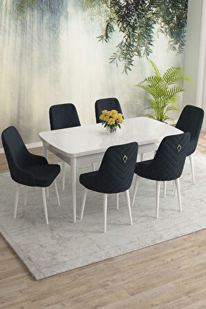 Meri Serisi Beyaz 80x132 Açılabilir Mdf Masa Yemek Odası Takımı, Mutfak Masa Takımı 6 Adet Sandalye