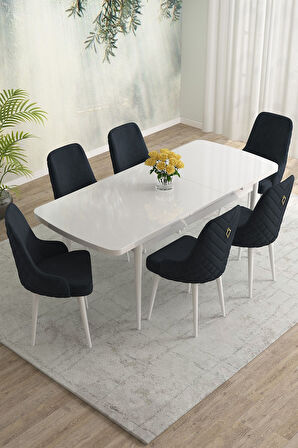 Meri Serisi Beyaz 80x132 Açılabilir Mdf Masa Yemek Odası Takımı, Mutfak Masa Takımı 6 Adet Sandalye