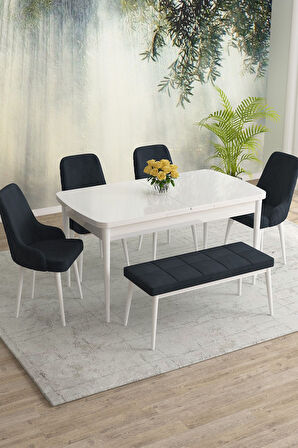Meri Serisi Beyaz 80x132 Açılabilir Mdf Masa Yemek Odası Takımı,Mutfak Masa Takımı 4 Sandalye 1Bench