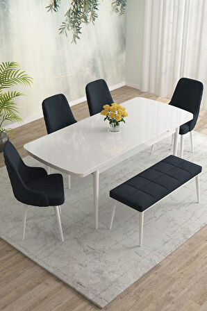 Meri Serisi Beyaz 80x132 Açılabilir Mdf Masa Yemek Odası Takımı,Mutfak Masa Takımı 4 Sandalye 1Bench