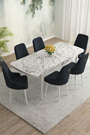 Meri Beyaz Mermer 80x132 Açılabilir Mdf Masa Yemek Odası Takımı,Mutfak Takımı 6 Adet Sandalye