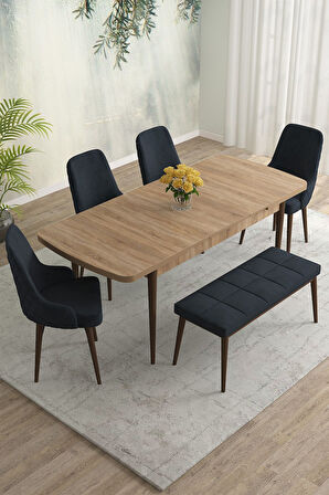 Meri Serisi Meşe Desen 80x132 Açılabilir Mdf Masa Yemek Odası Takımı,Mutfak Takımı 4 Sandalye 1Bench