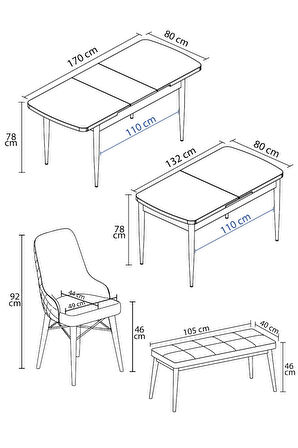 Meri Serisi Meşe Desen 80x132 Açılabilir Mdf Masa Yemek Odası Takımı,Mutfak Takımı 4 Sandalye 1Bench