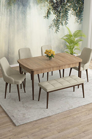 Meri Serisi Meşe Desen 80x132 Açılabilir Mdf Masa Yemek Odası Takımı,Mutfak Takımı 4 Sandalye 1Bench