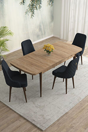 Meri Serisi Meşe Desen 80x132 Açılabilir Mdf Masa Yemek Odası Takımı, Mutfak Takımı 4 Adet Sandalye