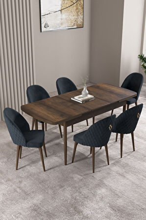 ​​​​​​​Milas Barok Desen 80x132 Açılabilir Mdf Masa Yemek Odası Takımı, Mutfak Takımı 6 Sandalye