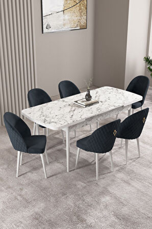 Milas Beyaz Mermer Desen 80x132 Açılabilir Mdf Masa Yemek Odası Takımı, Mutfak Takımı 6 Sandalye