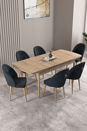 Milas Meşe Desen 80x132 Açılabilir Mdf Masa Yemek Odası Takımı, Mutfak Takımı 6 Adet Sandalye