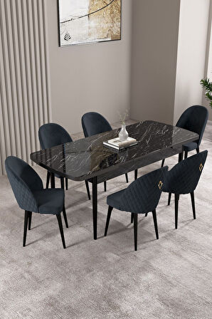 Milas Siyah Mermer Desen 80x132 Açılabilir Mdf Masa Yemek Odası Takımı,Mutfak Takımı 6 Adet Sandalye
