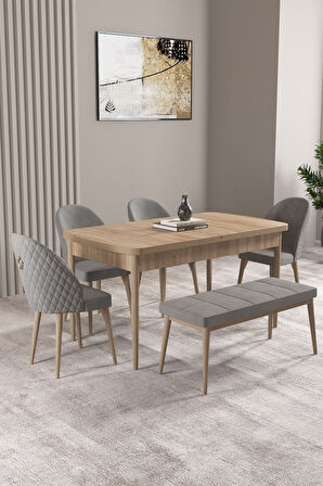 Milas Meşe Desen 80x132 Açılabilir Mdf Masa Yemek Odası Takımı, Mutfak Takımı 4 Sandalye, 1 Bench