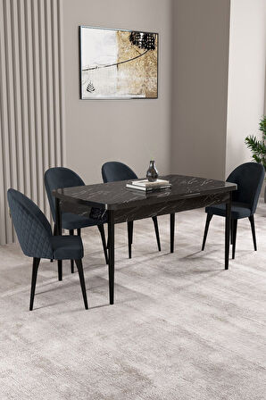 Milas Siyah Mermer Desen 80x132 Açılabilir Mdf Masa Yemek Odası Takımı,Mutfak Takımı 4 Adet Sandalye