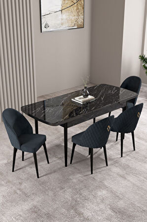Milas Siyah Mermer Desen 80x132 Açılabilir Mdf Masa Yemek Odası Takımı,Mutfak Takımı 4 Adet Sandalye