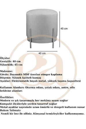 Ella Mio Puf, Metal Halkalı Puf, Makyaj Oturağı ,Puf Bench Montajsız Oturak Siyah Metal Ayaklı