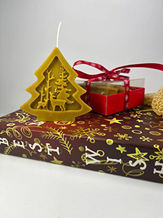 Doğal Balmumu Mum Yılbaşı Konseptli Hediye Kutusu - Apicraft(Geyikli Çam Ağacı)