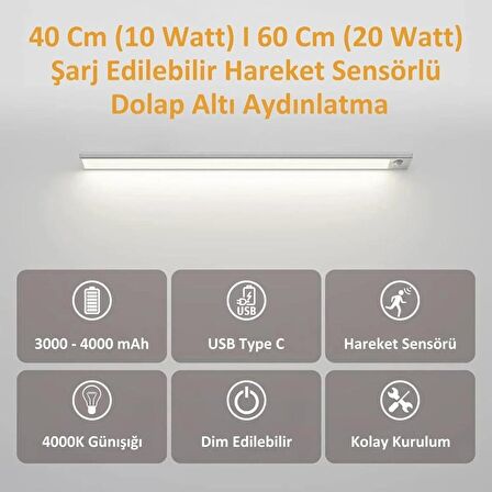 Hareket Sensörlü - Dekoratif Gece Lambası - Usb Şarjlı Led Aydınlatma 30 Cm Sılver Kasa