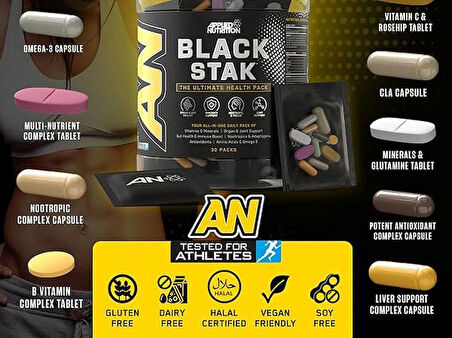 Applied Nutrition Black Stak-The Immune Multivitamin Antioxidant Amino Nootropic Join support 30 pac