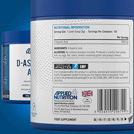 Applied Nutrition Daa-Aspartic Acid - Natural Booster for Enhanced Performance (300g - 100 Servings)