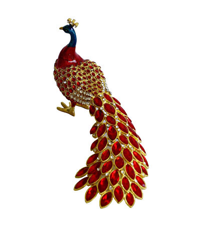 Kristal Taşlı Tavus Kuşu Biblo ve Mücevher Kutusu – 12x22x9 cm, Hediyelik Dekoratif Figür