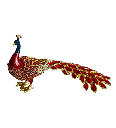 Kristal Taşlı Tavus Kuşu Biblo ve Mücevher Kutusu – 12x22x9 cm, Hediyelik Dekoratif Figür