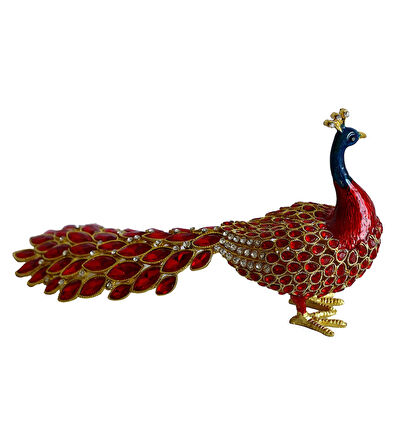 Kristal Taşlı Tavus Kuşu Biblo ve Mücevher Kutusu – 12x22x9 cm, Hediyelik Dekoratif Figür