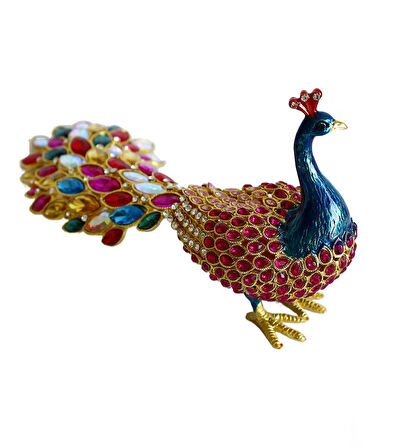 Kristal Taşlı Tavus Kuşu Biblo ve Mücevher Kutusu – 12x22x9 cm, Hediyelik Dekoratif Figür