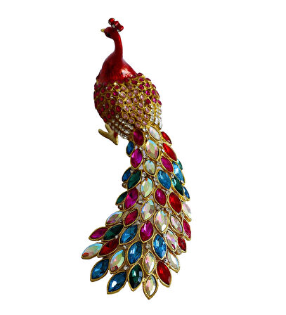 Kristal Taşlı Tavus Kuşu Biblo ve Mücevher Kutusu – 12x22x9 cm, Hediyelik Dekoratif Figür