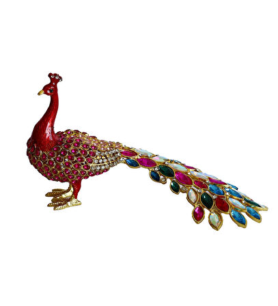 Kristal Taşlı Tavus Kuşu Biblo ve Mücevher Kutusu – 12x22x9 cm, Hediyelik Dekoratif Figür