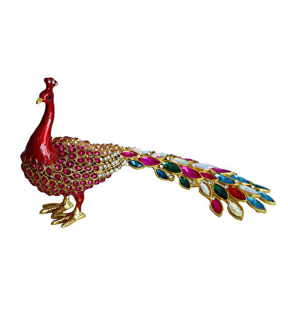 Kristal Taşlı Tavus Kuşu Biblo ve Mücevher Kutusu – 12x22x9 cm, Hediyelik Dekoratif Figür