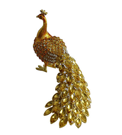 Kristal Taşlı Tavus Kuşu Biblo ve Mücevher Kutusu – 12x22x9 cm, Hediyelik Dekoratif Figür