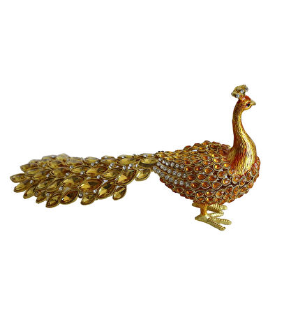 Kristal Taşlı Tavus Kuşu Biblo ve Mücevher Kutusu – 12x22x9 cm, Hediyelik Dekoratif Figür