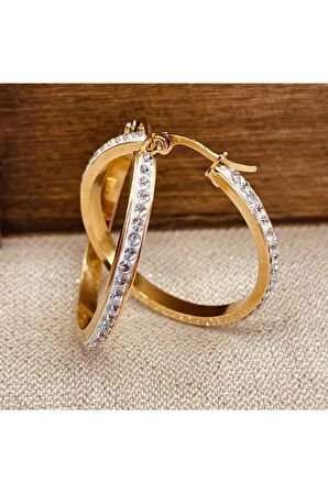 luxury steel gold renk zirkon taşlı halka çelik küpe