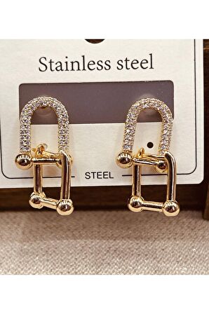 luxury steel gold renk zirkon taşlı tif çelik küpe