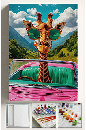 Sayılarla Boyama Hobi Seti Çerçeveli Numaralı Tuval Fırça Boya Dahil Kasnaklı ARABA ZÜRAFA 40x50 Cm